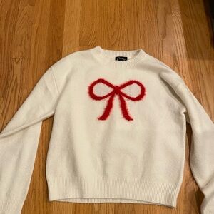 Girls White Sweater with Red Bow Design